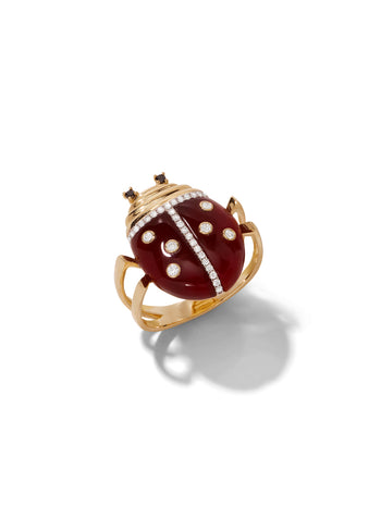 Red Agate Large Ladybug Yellow Gold Ring