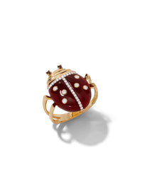 Red Agate Large Ladybug Yellow Gold Ring