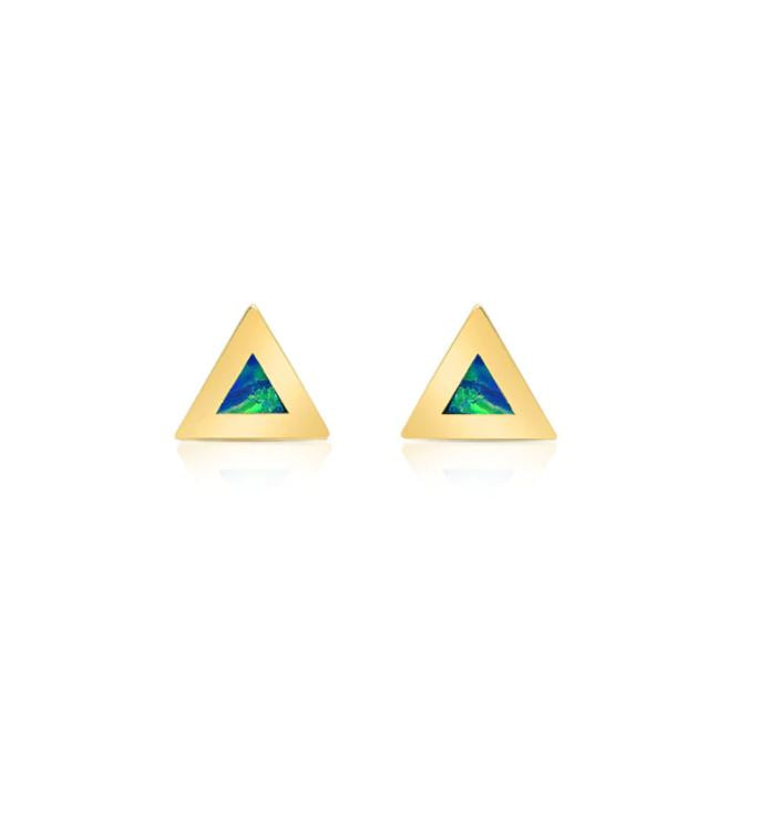 Opal Inlay Triangle Yellow Gold Stud Earrings