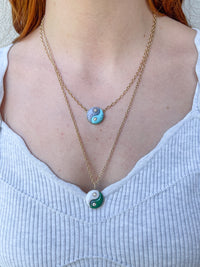 Blue Lace Agate and Turquoise Double Stone Yin Yang Yellow Gold Necklace