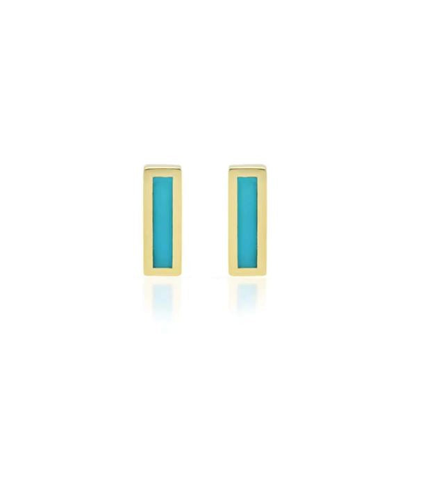 Turquoise Inlay Bar Yellow Gold Stud Earrings