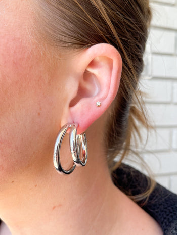 Double Hoop Rhodium Earrings