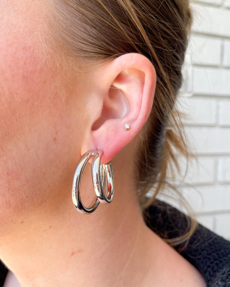 Double Hoop Rhodium Earrings