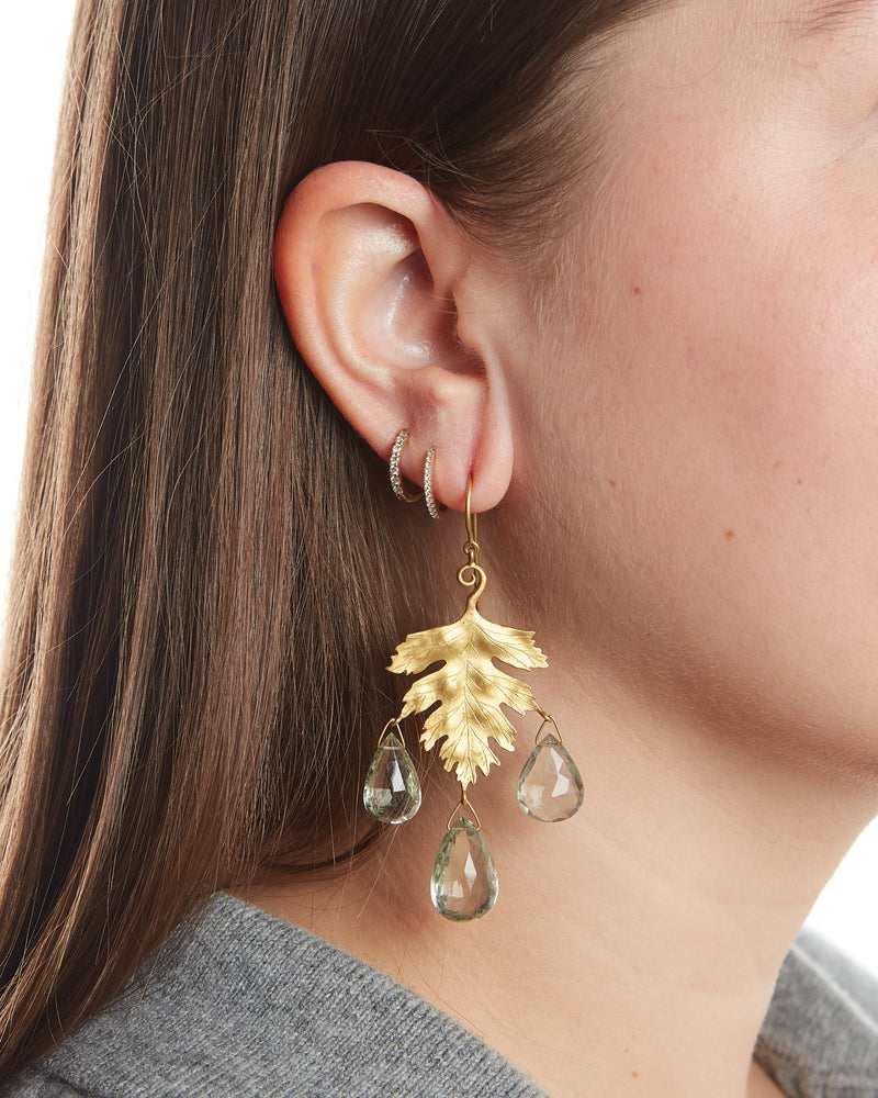 Large Yellow Gold Leaf Earrings with Green Amethyst Drops