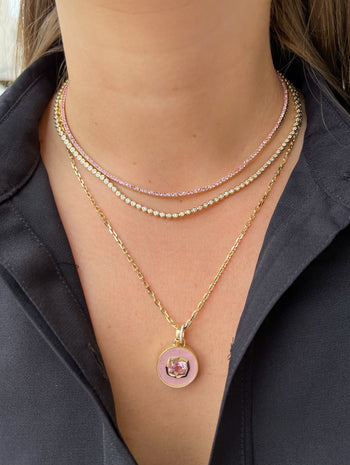 Yellow Gold Pink Sapphire Tennis Necklace