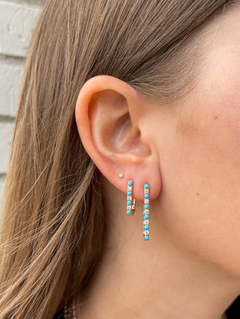 Diamond & Turquoise Small Paperclip Yellow Gold Hoop Earrings