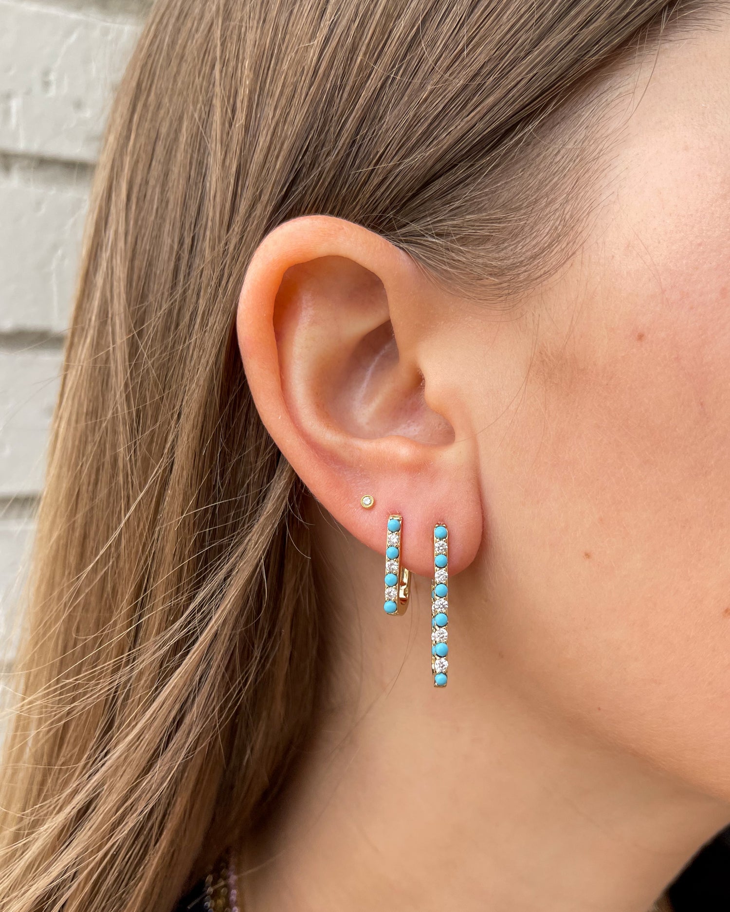 Turquoise Stones Teardrop Yellow Gold Hoop Earrings | Ylang 23