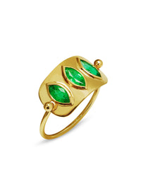 Triple Marquise Colombian Emerald Plate Yellow Gold Ring