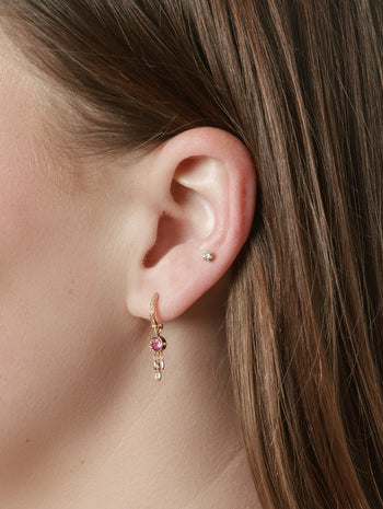Pink Tourmaline and Dangling Diamonds Yellow Gold Hoop Earrings