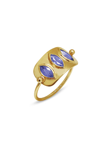 Triple Tanzanite Plate Yellow Gold Ring