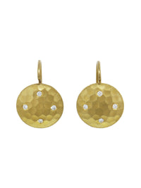 Diamond Hammered Disc Yellow Gold Earrings