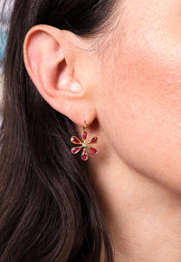 Ruby Flower Yellow Gold Earrings