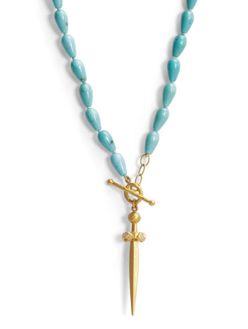 Turquoise Beaded Strand Yellow Gold Necklace With Sword