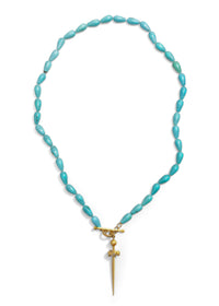 Turquoise Beaded Strand Yellow Gold Necklace With Sword