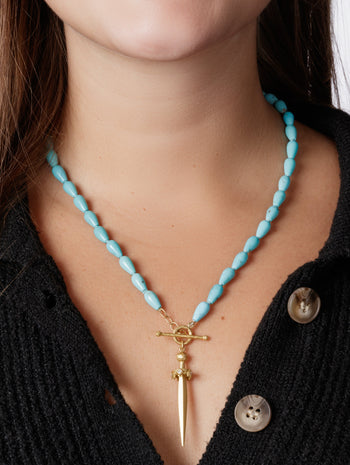 Turquoise Beaded Strand Yellow Gold Necklace With Sword