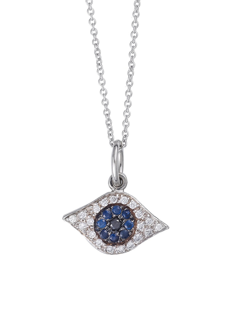 Blue Sapphire and Diamond Kitten Eye Pendant White Gold Necklace