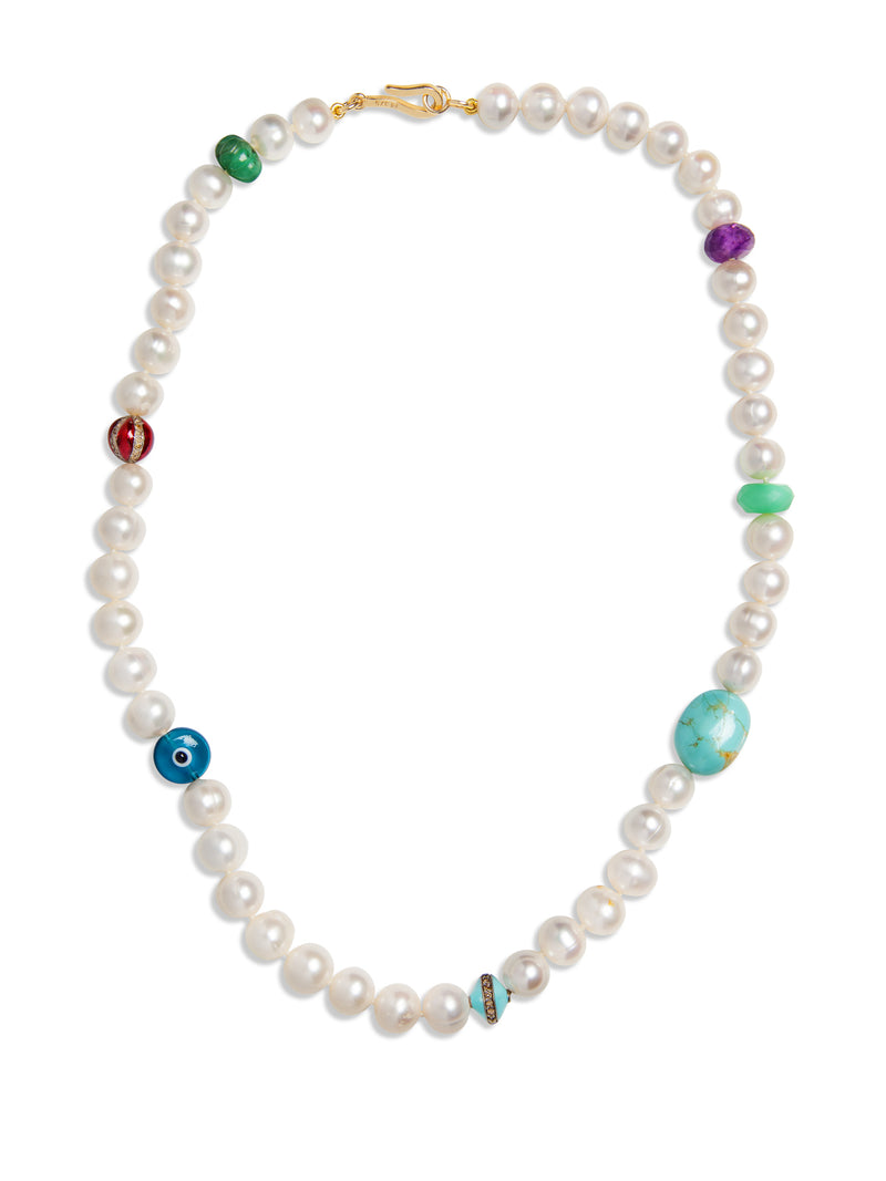 White Pearl and Multi-Color Stone Beaded Necklace