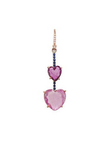 One-Of-A-Kind Double Pink Tourmaline Heart and Sapphire Rose Gold Single Earring