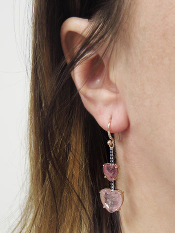 One-Of-A-Kind Double Pink Tourmaline Heart and Sapphire Single Earring