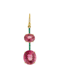 Pink Tourmaline and Emerald Pavé Yellow Gold Single Drop Earring