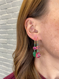 Pink Tourmaline and Emerald Pavé Yellow Gold Single Drop Earring