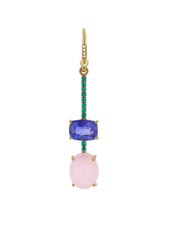 Pink Opal, Blue Sapphire, and Emerald Pavé Yellow Gold Single Drop Earring