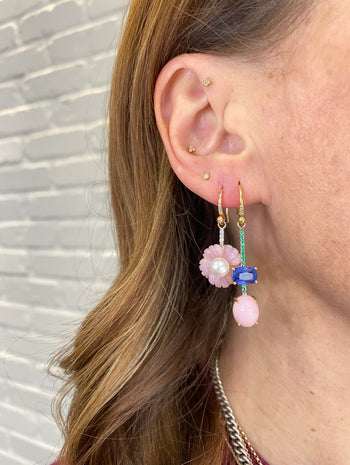 Pink Opal, Blue Sapphire, and Emerald Pavé Yellow Gold Single Drop Earring