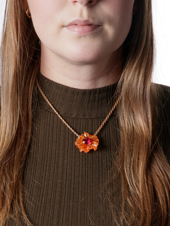 Carved Mandarin Garnet and Rubellite Tropical Flower Rose Gold Necklace