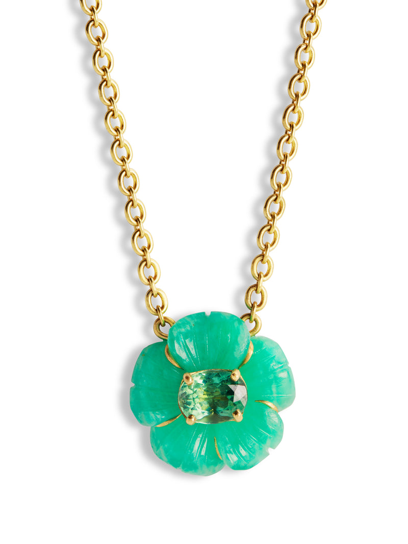 Amazonite and Green Tourmaline Tropical Flower Yellow Gold Necklace
