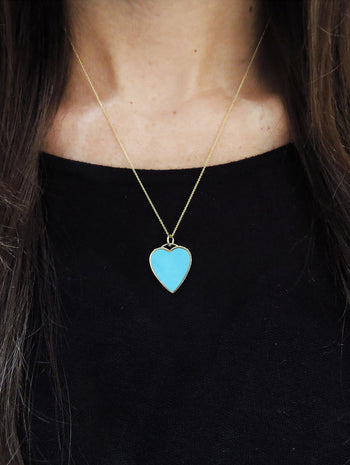 Turquoise Inlay Heart Pendant Necklace - Yellow Gold