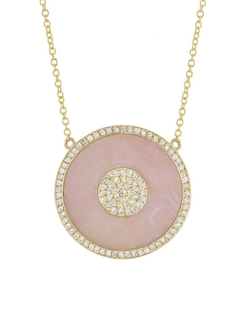 Pink Opal Inlay Diamond Evil Eye Necklace - Yellow Gold