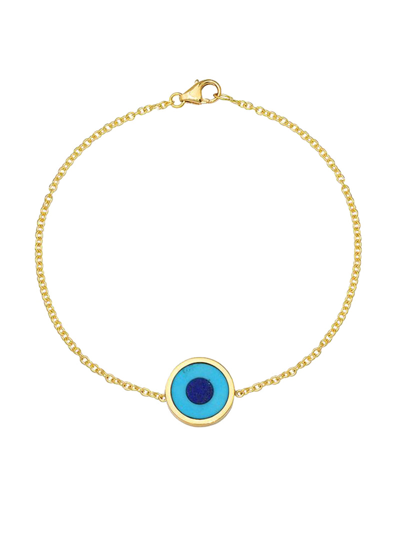 Mini Turquoise Lapis Inlay Evil Eye Yellow Gold Bracelet