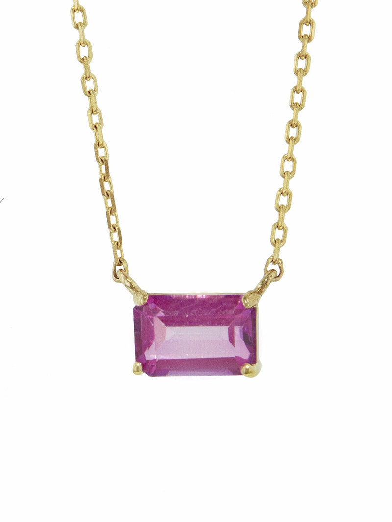 Horizontal Emerald Cut Pink Topaz Necklace - Yellow Gold