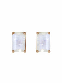 Emerald Cut Rainbow Moonstone Stud Earrings - Rose Gold