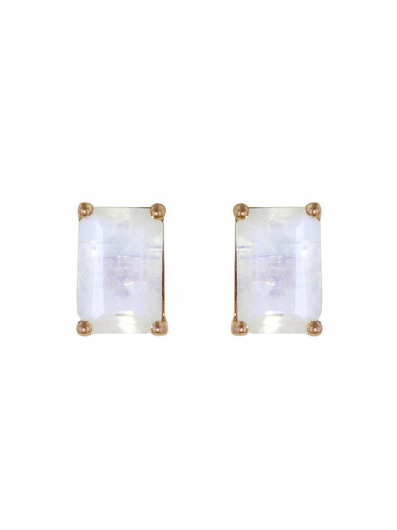 Emerald Cut Rainbow Moonstone Stud Earrings - Rose Gold