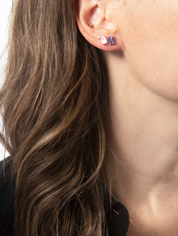 Emerald Cut Rainbow Moonstone Rose Gold Stud Earrings
