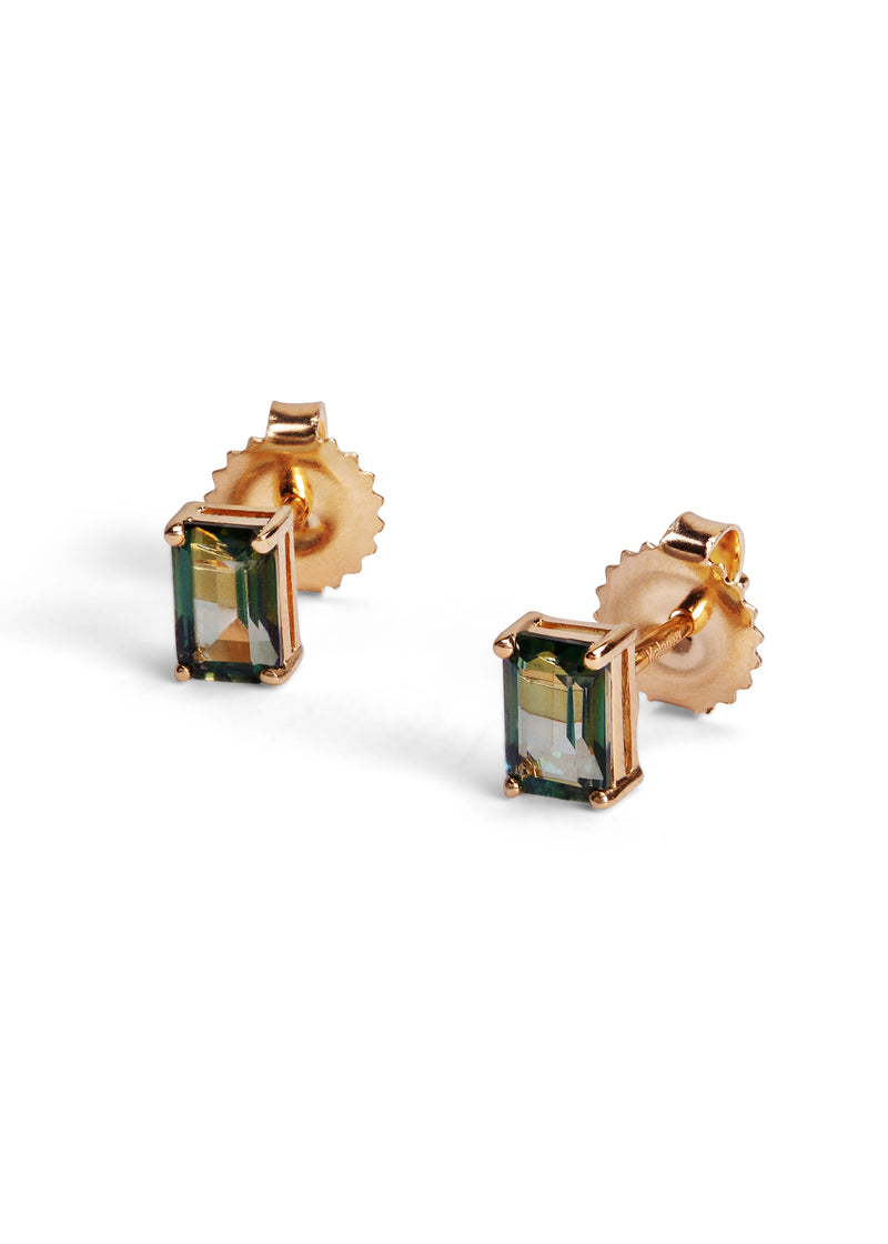 Green Envy Topaz Emerald Cut Yellow Gold Stud Earrings