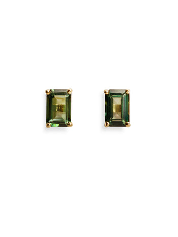 Green Envy Topaz Emerald Cut Yellow Gold Stud Earrings