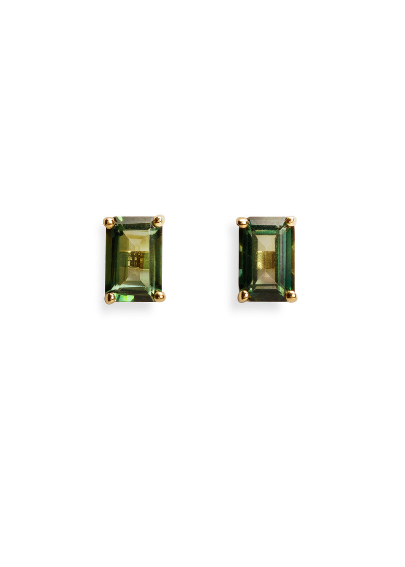 Green Envy Topaz Emerald Cut Yellow Gold Stud Earrings