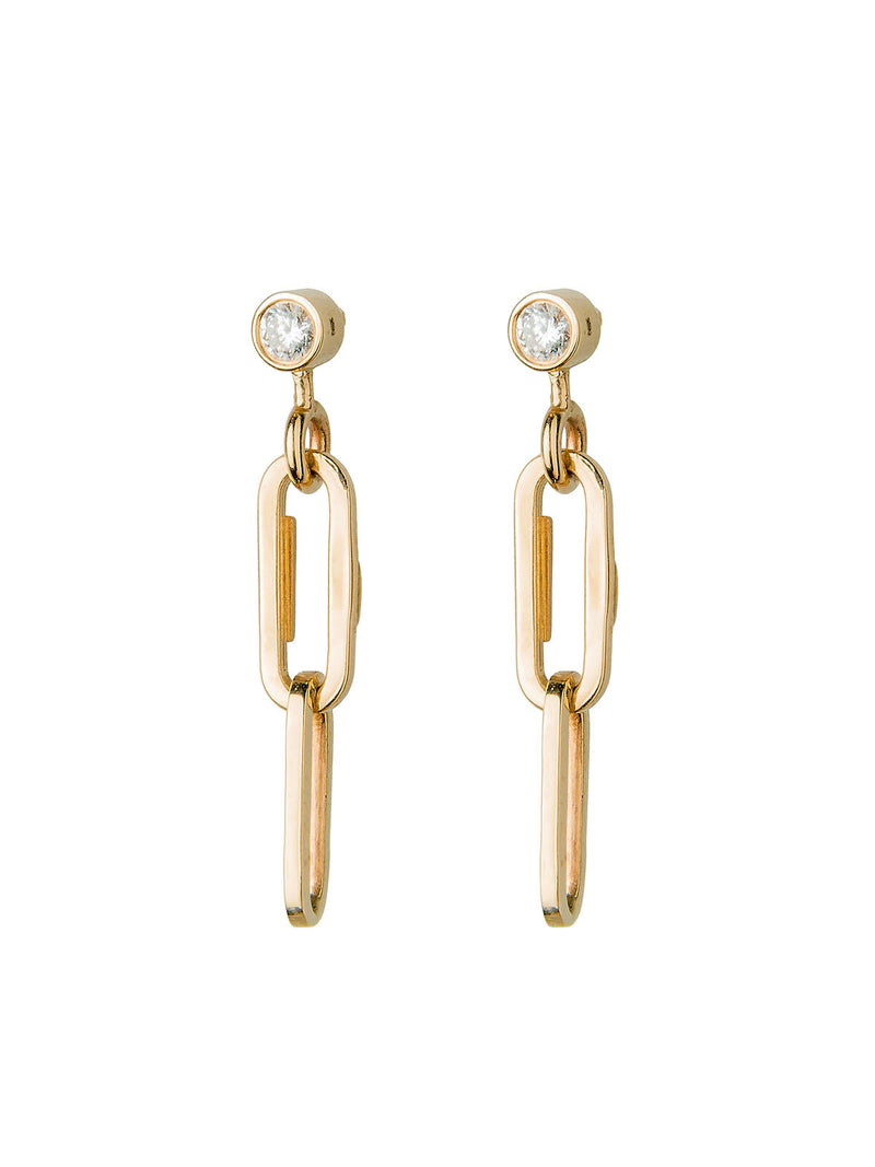 Diamond and Small Paperclip Link Yellow Gold Earrings