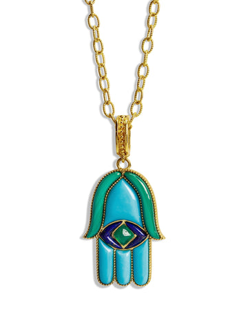 Turquoise, Malachite, & Lapis Large Hamsa Amulet Necklace
