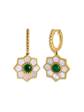 Mother Of Pearl & Emerald Fez Huggie Drop Earrings