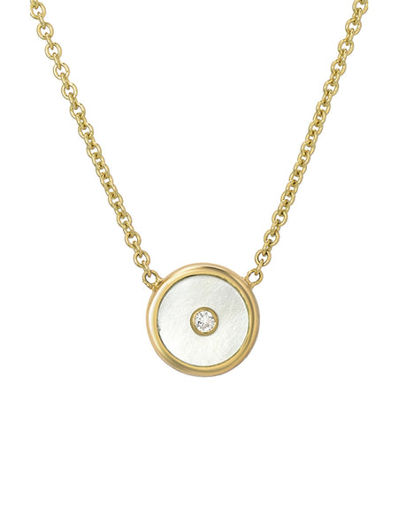 14K Gold Mother of Pearl Compass Coin Diamond Necklace Charm