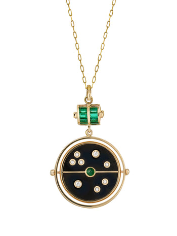 Grandfather Black Onyx and Emerald Compass Yellow Gold Pendant Necklace