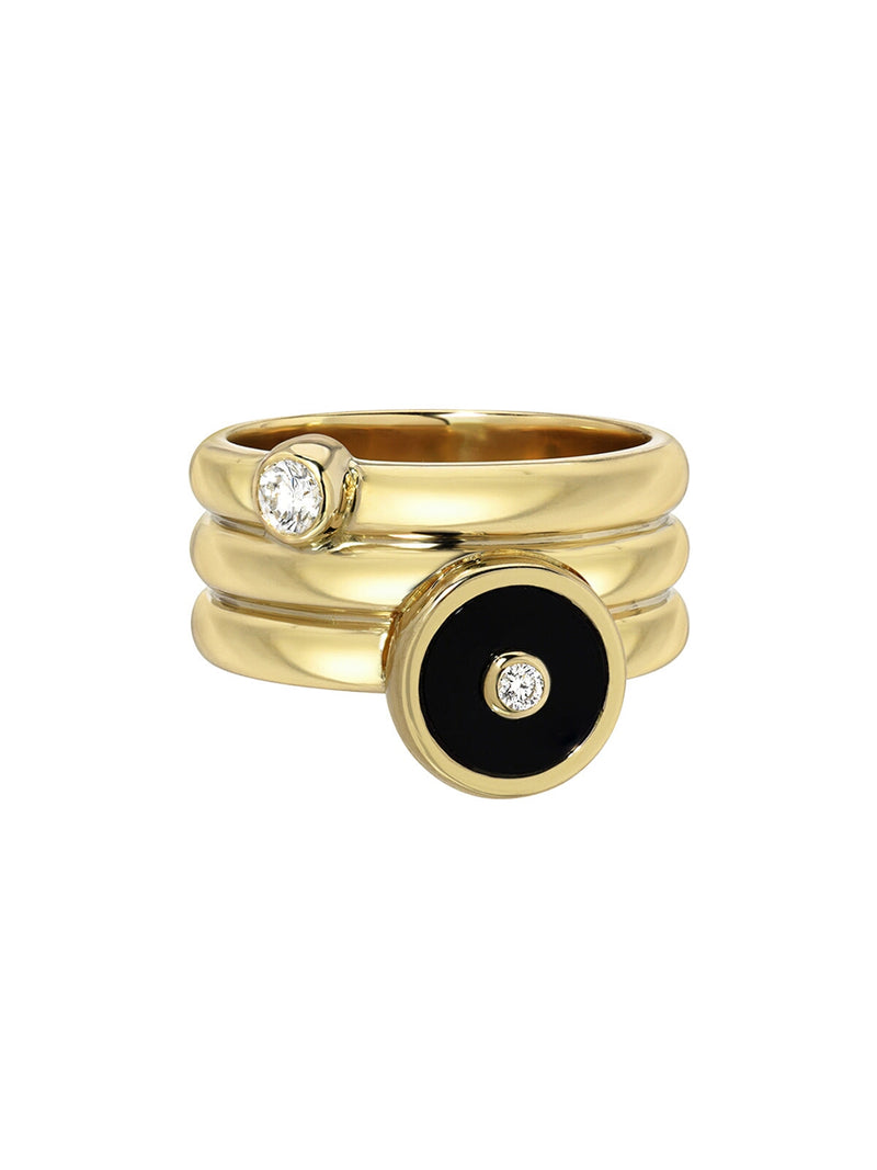 Triple Coil Mini Black Onyx and Diamond Compass Yellow Gold Ring