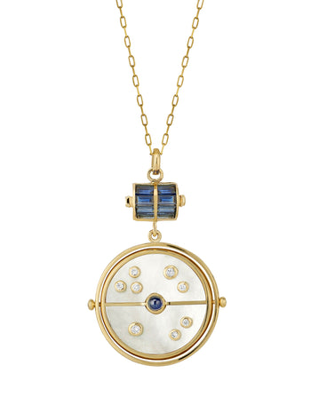 Grandfather Mother of Pearl and Blue Sapphire Compass Yellow Gold Pendant Necklace