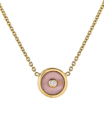 Mini Pink Opal and Diamond Compass Necklace - Yellow Gold