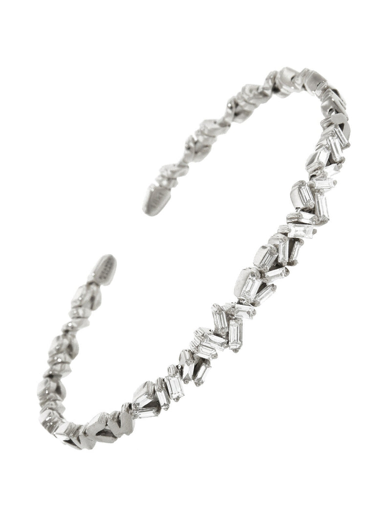 Medium Flexible Zig Zag White Diamond Firework Bangle Bracelet - White Gold