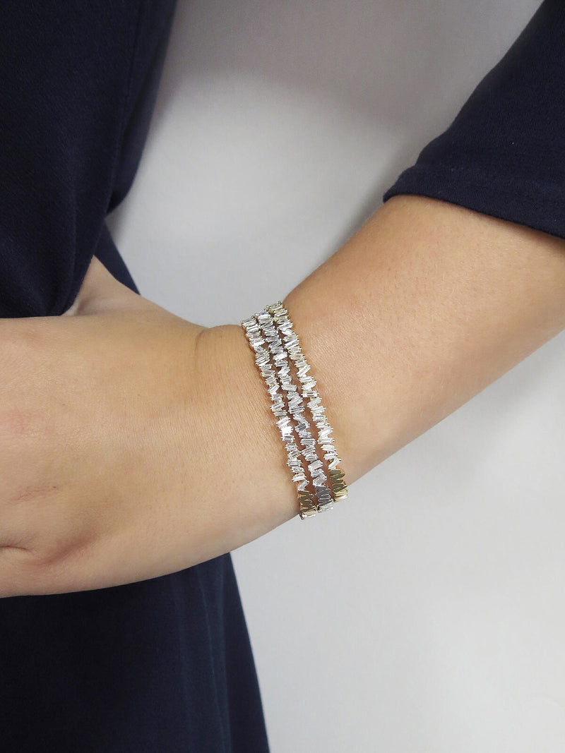 Small Flexible White Diamond Baguette Firework Bracelet - Yellow Gold