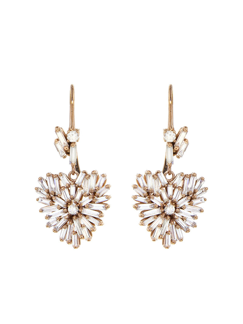 White Diamond Baguette and Round Heart Drop Earrings - Rose Gold